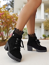 preiswerte Stiefeletten-Braune Damenstiefeletten zum Schnüren mit dickem Absatz und Häkelbesatz, modische Stiefeletten aus Wildlederimitat im Vintage-Stil für lässige Outfits und Outdoor-Events