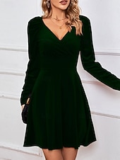 Świąteczna sukienka mini z weluru dla kobiet sukienka w kształcie litery A elegancka na przyjęcia koktajlowa na świeżym powietrzu regularne dopasowanie jednolity kolor długi rękaw dekolt w serek tanie Sukienki świąteczne-Świąteczna sukienka mini z weluru dla kobiet sukienka w kształcie litery A elegancka na przyjęcia koktajlowa na świeżym powietrzu regularne dopasowanie jednolity kolor długi rękaw dekolt w serek