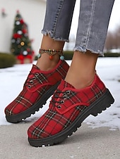 cheap Women's Oxfords-Women's Red Plaid Lace-Up Oxford Shoes, Vintage Tartan Pattern Casual Shoes, Perfect for Christmas Outfits, Winter Fashion &amp; Holiday Gatherings