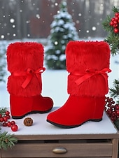 economico Stivali alla moda-stivali da donna con zeppa foderati in pelliccia rossa e fiocco - comodi stivali invernali per feste, Natale, uscite informali e abbigliamento per il freddo