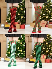 levne Dámské ponožky-Dámské vánoční ponožky do stehen, sada 4 párů, pruhované &amp;Jednobarevné červené sváteční punčochy s mašlemi a bambulkami, slavnostní ponožky nad kolena na zimní večírky &amp;dárky