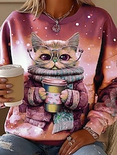 お買い得  動物のトップ-女性用 スウェットシャツ グラフィック 動物 猫 カジュアル 長袖 クルーネック レギュラートップス ストリート 日常着 カジュアル プリント ピンク パープル ブラウン グリーン 春 秋 冬