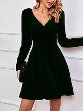 Świąteczna sukienka mini z weluru dla kobiet sukienka w kształcie litery A elegancka na przyjęcia koktajlowa na świeżym powietrzu regularne dopasowanie jednolity kolor długi rękaw dekolt w serek tanie Sukienki świąteczne-Świąteczna sukienka mini z weluru dla kobiet sukienka w kształcie litery A elegancka na przyjęcia koktajlowa na świeżym powietrzu regularne dopasowanie jednolity kolor długi rękaw dekolt w serek