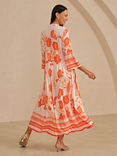 Недорогие Цветочные платья-Женское платье макси из оранжевого атласа, свободного кроя, рукав 3/4, V-образный вырез, воротник-стойка, цветочный гавайский принт, элегантное, для отпуска, на каждый день, весна-лето