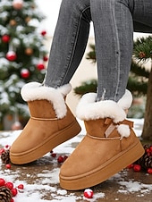 cheap Snow &amp; Winter Boots-Women&#039;s White Fur-Trimmed Slip-On Winter Boots with Bow Detail, Stylish Cozy Snow Boots for Cold Weather and Holiday Wear