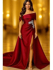 cheap A-Line Evening Dresses-Purple Black A-Line Evening Gown Elegant Formal Dress Formal Wedding Floor Length Short Sleeve Off Shoulder Capes Satin with Pocket 2025