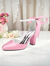 billige Pumps med blokkhæl-dame oransje sateng pumps med blokkhæl og perlemor &amp;bånd ankelstropp - elegante spisse høyhælte sko til bryllup, fester &amp;kveldsarrangementer