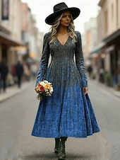 economico Arte &amp; Design Abiti-Per donna Abito Midi Abito a trapezio Vacanza Casual Quotidiano Vestibilità regolare Grafico Astratto Manica Lunga Scollo a V Blu Rosso Viola Verde Autunno Inverno