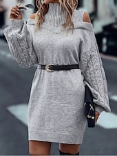 economico Abiti in maglia-Per donna Abito maglione Elegante Casual Morbido Colore Puro A Coste Dolcevita Lavorato a maglia Spalle scoperte Manica Lunga Top Regolari Maglia All'aperto Quotidiano Weekend Nero Verde Autunno