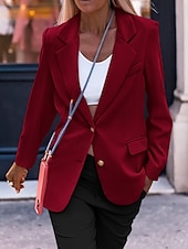 cheap Blazers &amp; Suits-Women's Blazer Comfortable Pocket Buttons Active Plain Outdoor Vacation Going out Weekend Regular Turndown Regular Fit Long Sleeve Outerwear Black White Wine Fall Winter