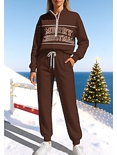 baratos Fatos de treino-Natal Mulheres Moletom Suéter Roupa de corrida Com Cordão Zíper Jaquetas e Calças Para Esporte Conjunto de roupa atlética Conjuntos Primavera Vinho Azul Marinho Escuro Casual Exercite-se Exterior