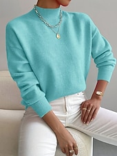 billiga Plain Pullover-Women's Sweater Pullover Fashion Streetwear Casual Solid Color Mock Neck Knitted Long Sleeve Regular Tops Knit Daily Holiday Going out Yellow Pink Fall Winter