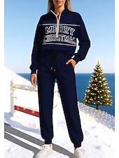 baratos Fatos de treino-Natal Mulheres Moletom Suéter Roupa de corrida Com Cordão Zíper Jaquetas e Calças Para Esporte Conjunto de roupa atlética Conjuntos Primavera Vinho Azul Marinho Escuro Casual Exercite-se Exterior