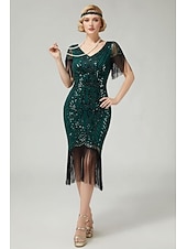 economico Abiti degli anni '20-Anni Ruggenti Anni 1920 Lunghezza al ginocchio Abito Flapper Maniche corte Il grande Gatsby Paillettes Frange Scollo a V Costume Per donna Natale Carnevale speakeasy Mascherata Festa a tema retrò