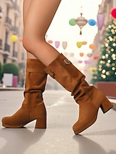 cheap Fashion Boots-Women's Red Suede Slouch Boots with Buckle Detail, Chunky Block Heel, Stylish and Comfortable, Perfect for Winter, Christmas and Casual Occasions