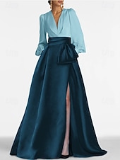 cheap A-Line Evening Dresses-A-Line Sweep Brush Train Evening Gown Ball Gown Formal Dress Elegant High Split Long Sleeve V Neck Formal Wedding Guest Satin with Pleats Slit