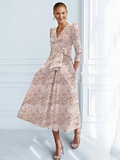 preiswerte Cocktailkleider-A-Linie Knöchellänge Cocktailkleider Partykleider Elegant Vintage Kurzarm V Ausschnitt Hochzeit Formell Jacquard mit Schleife(n) Tasche