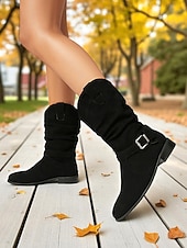 abordables Botas holgadas-Botas holgadas de mujer en marrón oscuro con hebilla: botines informales de tacón bajo para uso diario.