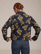  Jeansjacke mit Blumenmuster, lässig, für Urlaub und Alltag, mit Reißverschluss