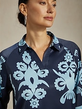 abordables Blusas y camisas-Blusa de mujer azul con bordado floral, cuello camisero, manga 3/4, estilo bohemio, informal, elegante, para vacaciones de verano.