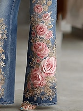  نسائي ساق عريضه تشينوز العطلة عتيق النمط العرقي مكتمل الطول خصر عالي ورد الرسم جيب طبع مريح ناعم مرن نسبياً الأماكن المفتوحة عطلة شارع أزرق الربيع الخريف الشتاء فضفاض صالح