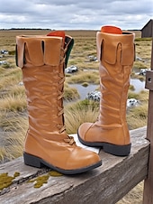 voordelige Middeleeuwen &amp; Renaissance-Middeleeuwse Viking-kniehoge veterlaarzen van imitatieleer voor dames, retro renaissancekostuumschoenen voor LARP, cosplay en festivals &amp;podiumoptredens