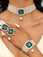 levne Svatba ACC-Dámská sada 3 šperků s perlami a zelenými drahokamy, vintage choker, náramek &amp;prsten na vánoční večírky, vánoční dárky &amp;elegantní večery