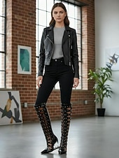 cheap Fashion Boots-Women's Gothic Cutout Knee-High Heels with Spiked Sculptural Wedge - Black Punk Fetish Boots for Halloween, Cosplay and Alternative Fashion Parties