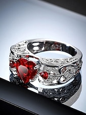 voordelige Dames ringen-Rode hartvormige edelsteenring voor dames met verzilverde band – elegante sieraden als kerstcadeau en voor feestdagen