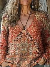 preiswerte Boho Tops-Damen Boho-Hemd Bluse Gerafft Blumen Grafik Elegant Vintage Stilvoll Langarm V Ausschnitt Normale Oberteile Täglich Ferien Ausgehen Blau Wein Armeegrün Rote Violett Frühling Herbst