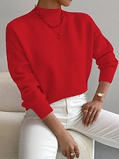 billiga Plain Pullover-Women's Sweater Pullover Fashion Streetwear Casual Solid Color Mock Neck Knitted Long Sleeve Regular Tops Knit Daily Holiday Going out Yellow Pink Fall Winter