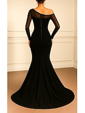 abordables Vestidos de Noche Sirena-Corte Trompeta Sirena Hasta el Suelo Trajes de gala Vestidos de noche Corte Cenicienta Vestimenta formal Elegante Sedoso Manga Larga Un Hombro Boda Formal Tul Crepé elástico con Volantes