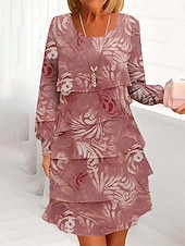 abordables Vestidos de fiesta-Mujer Vestido hasta la Rodilla Vestido de cambio Vestido informal Vestido de raso Vestido en Capas Elegante Bohemia Vacaciones Fiesta Boda Nochevieja Ajuste regular Floral Manga Larga Cuello Barco