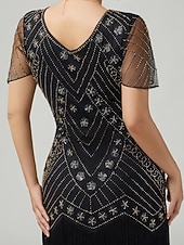 levne 1920s šaty-Řvoucí 20s 20. léta 20. století Ke kolenům Bubenové šaty Krátké rukávy Velký Gatsby Flitry Třásně Do V Maškarní kostým Dámské Vánoce Karneval speakeasy Plesová maškaráda Retro tematická párty Dospělé