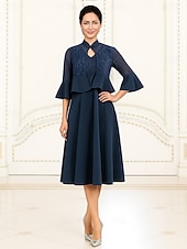 abordables Ensembles de robes pour maman-Deux Pièces Ligne A Ensembles de Robes Longueur thé Manche 3/4 Col en V Col haut Élégant ancien Formel Polyester Robe de Mère de Mariée  avec Couleur Unie