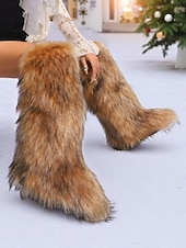 ieftine Cizme de zăpadă și iarnă-cizme până la genunchi din blană artificială pentru femei – imprimeu alb-negru, încălțăminte de iarnă confortabilă pentru vreme rece și stil de sărbătoare la modă