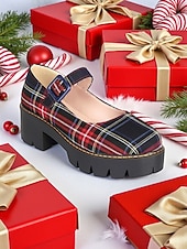 preiswerte Damen Weihnachtschuhe-Rote Mary Jane Plateauschuhe mit Schnalle im Karomuster für Damen – festlicher Weihnachtsstil, perfekt für Urlaubsoutfits und Weihnachtsfeiern