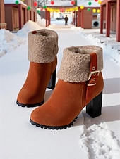 رخيصةأون أحذية الموضة-حذاء نسائي بكعب من الجلد المدبوغ باللون الأخضر مع أطراف من الفرو الصناعي، كعب سميك عصري، مثالي لقضاء العطلات الشتوية وحفلات الكريسماس والمناسبات الاحتفالية