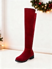 levne Módní boty-Dámské červené kozačky nad kolena – stylové vánoční dlouhé kozačky na zimní módu, večírky a sváteční nošení