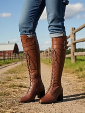 お買い得  ファッションブーツ-女性用本革ニーハイブーツ、高級牛革素材、レースアップとバックルのディテール、ブロックヒール、女性用都会的なカジュアルファッションフットウェア