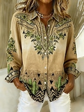 preiswerte Blumenblusen-Damen Hemd Bluse Patchwork Knöpfe Druck Grafik Geometrisch Abstrakt Vintage Stilvoll Modern Langarm Hemdkragen Normale Oberteile Täglich Blau Braun Grün Khaki Herbst Winter