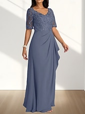 Недорогие Длина пола-А-силуэт В пол Свадебное платье для гостей Вечернее платье Платье для матери невесты Рукав до локтя V-образный вырез Элегантный стиль Свадебный гость Помолвка Шифон с Плиссировка Аппликации