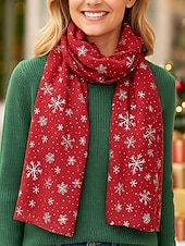 abordables Bufandas de mujer-Bufanda navideña de copo de nieve para mujer, diseño festivo en rojo y blanco con copos de nieve metálicos, material de poliéster suave, perfecta para fiestas navideñas y ropa de invierno.