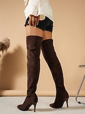 economico Stivali da donna-stivali con tacco alto sopra il ginocchio e punta affilata - stivali alti fino alla coscia in finta pelle scamosciata per donna, disponibili in nero e marrone