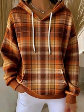 Χαμηλού Κόστους Ριγέ και Γεωμετρικά Φούτερ-Γυναικεία Φούτερ πουλόβερ με κουκούλα και πουλόβερ Κουρελού Στάμπα Μπροστινή τσέπη Γραφική Γεωμετρικό Καρό Ζεστό Βίντατζ Καθημερινό Μακρυμάνικο Με Κουκούλα Κανονικά μπλουζάκια Causal