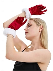 رخيصةأون قفازات نسائية-قفازات مخملية نسائية لعيد الميلاد مع أطراف من الفرو الصناعي، قفازات حمراء للعطلات للاحتفالات الاحتفالية، مثالية لحفلات الشتاء ومناسبات عيد الميلاد