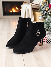 cheap Ankle Boots-Women's Suede Ankle Boots with Rhinestone Heart Charm and Gold Heels, Elegant Pointed Toe Short Boots for Christmas Parties, Winter Outfits &amp; Date Nights
