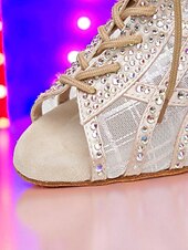 billige Dansestøvler-Svarte damesko med høy hæl og netting i netting og strass, stilige latinske ballroomsko med åpen tå for salsa og tango &amp;sceneopptredener