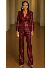 Недорогие Женские костюмы-Жен. Женский Костюмы-2 Официальные Свадебный гость Пайетки Элегантный стиль Винтаж Простой Длинный рукав В пол Лацкан с острым углом Пик отворот Однобортный крой