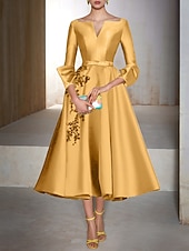 cheap Cocktail Dresses-A-Line Cocktail Dresses Elegant Dress Wedding Wedding Guest Tea Length 3/4 Length Sleeve V Neck Satin with Bow(s) Appliques Dresses